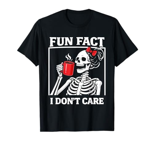 Fun Fact I Don't Care Skeleton Girl Coffee Red Bow T-Shirt