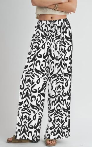 Image of PRETTYGARDEN Womens Pants Elastic Waist Floral Lightweight Palazzo Pants for Women Casual Lounge Wide Leg Pants Woman