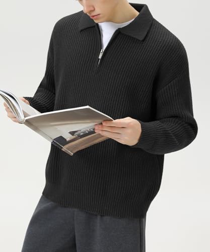 POHADON Men Quarter Zip Up Collared Neck Sweater Vintage Aesthetic Chunky Grandpa Grunge Clothes Fall Winter Korean Fashion3