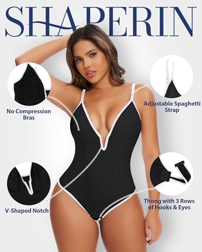 Image of SHAPERIN Bodysuit for Women Shapewear Tummy Control Deep V Neck Plunge Sleeveless Backless Thong Body Suit Tank Top
