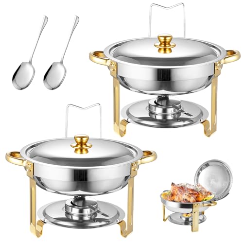 AUUCFW Chafing Dish Buffet Set 4.5 Liter Stainless Steel Buffet Set Round Catering Warmer with Lid Water Tray Holder Fuel Rack Lid Shelf Spoon for Any Party(2 Pcs)