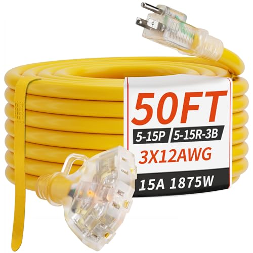 PlugSaf 50 FT 12/3 Gauge Outdoor Extension Cord with Multiple Outlets Light Indicator, Flexible...