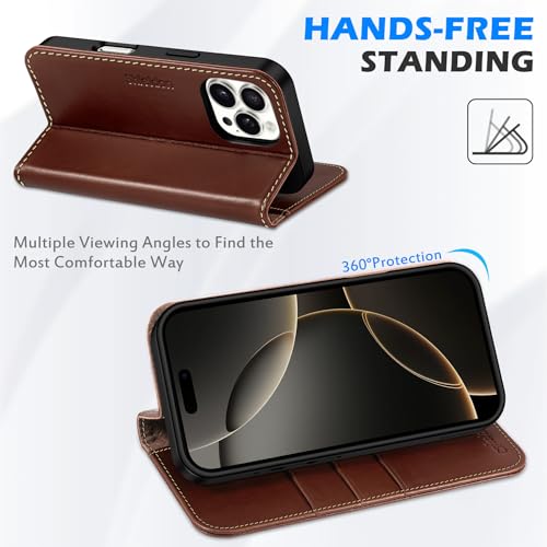 SHIELDON Case for iPhone 16 Pro 5G 2024, Genuine Leather Flip Wallet Magnetic Closure Cover Kickstand RFID Blocking Credit Card Holder Protective Case Compatible with iPhone 16 Pro 6.3" - Retro Coffee by SHIELDON - Used condition - Image 5