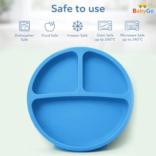 Image of BabyGo Silicone Suction Plate with Spoon for Babies | Microwave, Dishwasher & Freezer Safe | Unbreakable Feeding Plate with 4 Suction Cups for Babies & Toddlers | BPA-Free (Blue)