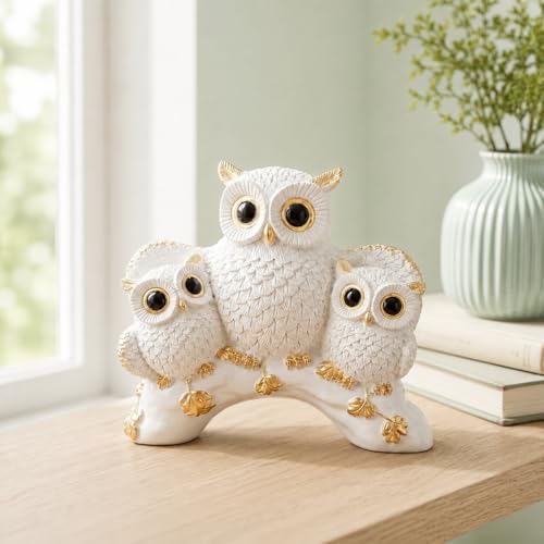 Image of Amazon Basics Charming Owl Family Figurine for Home & Office Decor | Artistic Ceramic Owl Showpiece for Living Room, Shelf, Study Table & Entrance Styling (White & Gold)