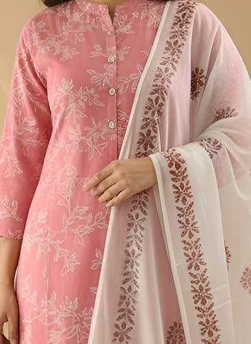Image of Yash Gallery Women's Pure Cotton White Floral Rubber Print A-line Kurta Pant Set with Dupatta with Fancy Front Buttons, One Side Functional Pocket