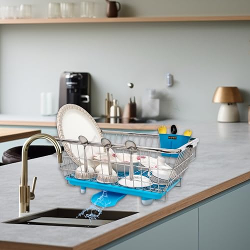 Image of KWER Stainless Steel Utensil Basket Drainer Dish Drainer Basket with Tray for Kitchen Vessel Drainer Rack Dish Drying Rack with Tray and Cutlery Holder, 43X56X24 Cm