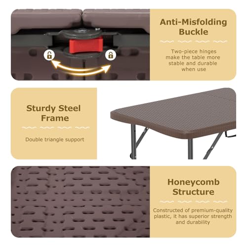 Image of FDW 4FT Folding Table Half Portable Foldable Table Picnic Table for Office Home Camping Party (Brown Ratten)