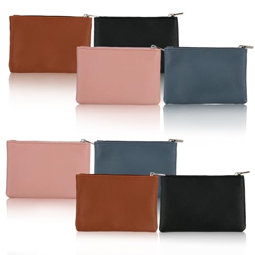 8 Pieces Coin Purse for Men, Portable Change Purse for Men Women, Leather Coin Bag with Zipper, for Credit Card Folded Bills ID Key Headset Lipstick (Black, Blue, Pink, Light Brown)