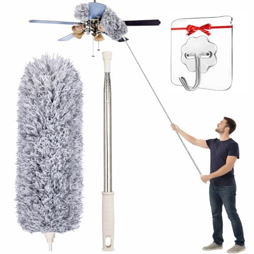 Image of Microfiber Feather Duster Fan Cleaner mop Bendable Head & Extendable Pole 100 Inch Extra-Long Fan Cleaning Duster, Washable Dust Cleaner for High Ceiling Fans, Window Blinds, Furniture & Cobwebs