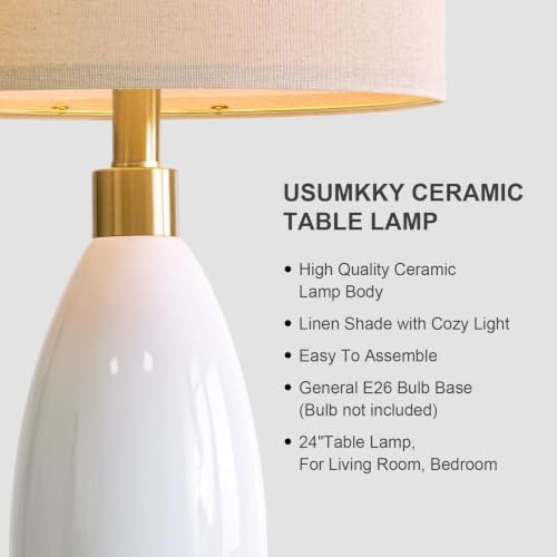 Image of USumkky 24 inch White Oval Ceramic Table Lamp Set of 2, Modern Minimalist Bedside Nightstand Lamps for Bedroom Living Room, Linen Shade & Gold Metal Base, Rotary Switch E26 (Bulbs Excluded)