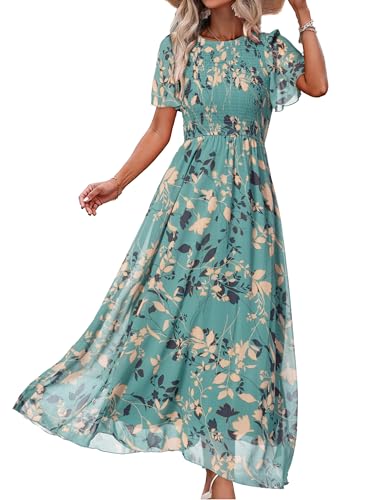 Image of Simplee Womens Casual Floral Summer Maxi Dress 2026 Boho Flowy Short Sleeve Crew Neck Vacation Smocked Chiffon Dresses