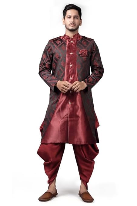 Ethzy Men's Maroon Jacquard Casual Regular Full Sleeve Indo Western with Dhoti Set - Traditional and Trendy-image-43