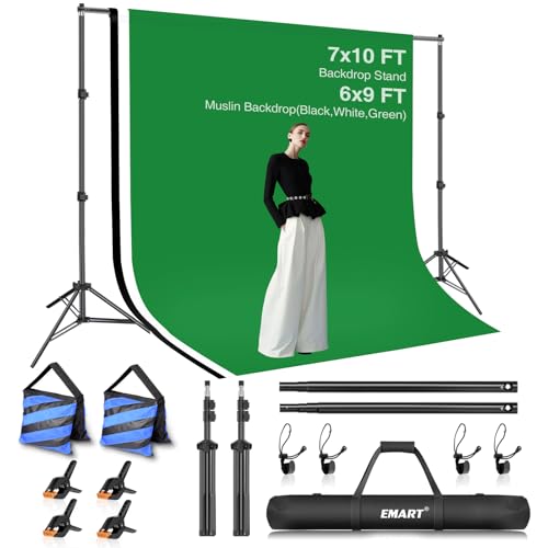 EMART Kit de Système de Support de Toile de Fond Photo 2m×3m avec 1,8m×2,8m Tissu(Noir, Blanc et Vert) pour Produit, Portrait, Youtube, Vidéo, Photographie