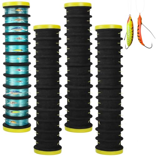 ZENFUN 4 Pc Fishing Line Storage Organizer, Fish Leader Holder with 12 Slots to Keep Your Lines Tangle Free, Spooler Winder, and Hook Keeper with Rigging Spools
