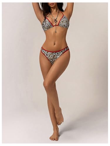 Women's Two Piece Leopard Swimsuit Cheetah Print Halter Tie Back Bikini Set Bathing Suit4