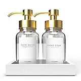 MaisoNovo Foaming Soap Dispenser with Concrete Tray & Waterproof Hand Soap & Face Wash Labels for Bathroom Countertop | Clear Foaming Bottle 8 oz