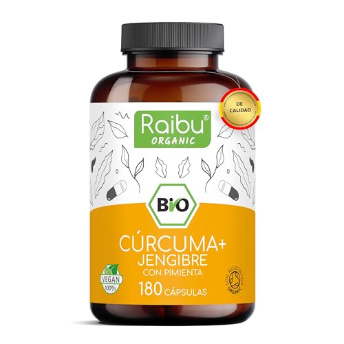 Cápsulas de Cúrcuma con Jengibre y Pimienta Negra Orgánicas (180 Cápsulas, 1500 mg por Unidad) – Cúrcuma en Cápsulas - Alto Contenido en Curcumina & Sin Aditivos – Hechas en Europa - Raibu