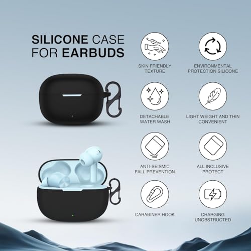 Image of Prolet Earbuds Case Compatible with Realme Buds T200x /T200 Lite, Silicone Shockproof Dustproof Cover, 360 Degree Protection, Anti-Scratch Soft TPU Skin, Carabiner Hook (Black)