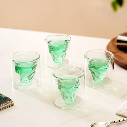 Image of Nestasia Set of 4 Skull Shaped Shot Glass Double Wall (100ml) | Dishwasher Safe, Transparent, Elegant | Stylish Glasses for Whiskey, Liquor, Cocktails, Vodka, Tequila