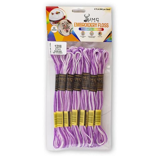 Image of Pack of 12 Premium Embroidery Thread | 100% Egyptian Cotton Premium Skeins | Cross Stitch Embroidery Floss | Oeko TEX Certified | Ideal for Arts & Crafts (Light Purple Variegated 1208)