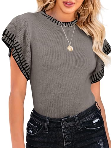 Image of Saodimallsu Womens Short Sleeve Sweater Summer Striped Top Soft Knit Shirts