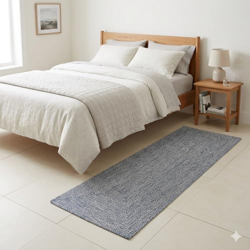 Image of Handmade Cotton Braided 2x10 feet Runner Rug - Washable, Low Pile Reversible Floor Mat for Bedroom, Kitchen, Entryway & Living Room - Eco-Friendly Woven Carpet - (Light Blue, Rect)