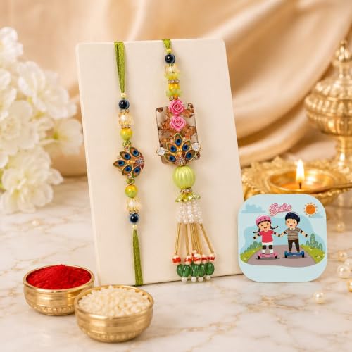 Image of CraftVatika Designer Rakhi Set for Brother Bhaiya Bhabhi | Peacock Rakhi for Bhaiya Bhabhi Raksha Bandhan Couple Set of 2 with Fridge Magnet Gift, Rakshabandhan Greeting Card, Tilak Set,Home decor