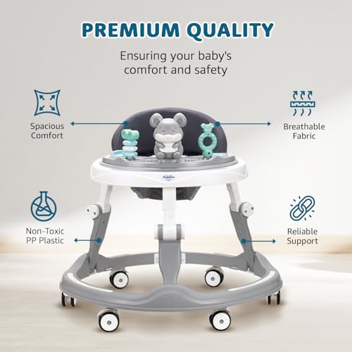 Image of Amazon Brand - Supples Baby Walker (Musical) | Kids Walker with Toys | Baby Walkers for Boys & Girls 9+ Months | Adjustable Height Walker with RGB Lights | Plastic | Grey & White