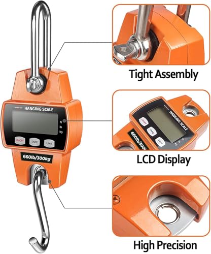 digital hanging scale 660 lb 300 kg - professional heavy duty waterproof fish scale - portable durable crane scale for luggage weight suitcase hunting farm bike bow fish weight fishing scale