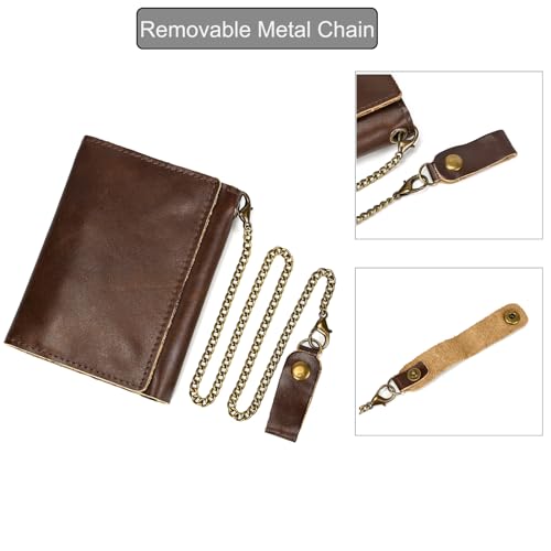 LUUFAN Men's Genuine Leather Short Wallet Trifold Anti-Theft Chain Purse with ID Window Zipper Pocket for Coin Cash Card, Coffee — view 5