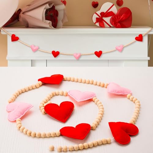 Image of Valentine's Day Garland, 3D Felt Valentine Heart Banner with Wooden Beads for Valentine's Day Decor Valentine Hanging Bunting Garland for Valentine's Day Home Mantel Wall Decor