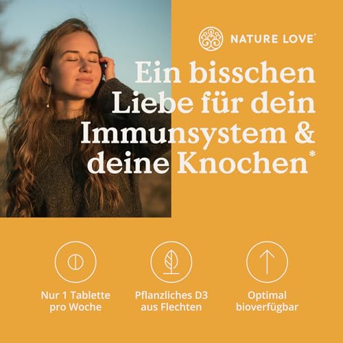 Nature Love Vitamin D3 K2 Wochendepot - 180 vegane Tabletten - 7000IE D3 + 140µg K2 pro Tablette mit 99,7% all-trans - Hochdosiert & vegan - Laborgeprüft, in Deutschland produziert