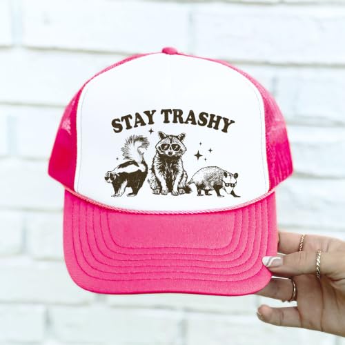 Image of Stay Trashy Funny Raccoon Graphic Classic 5 Panel Mesh Snap Back Trucker Hat