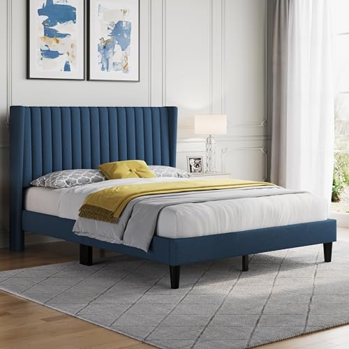 Image of Yaheetech Queen Bed Frame with Headboard, Navy Blue Channel-Tufted Platform