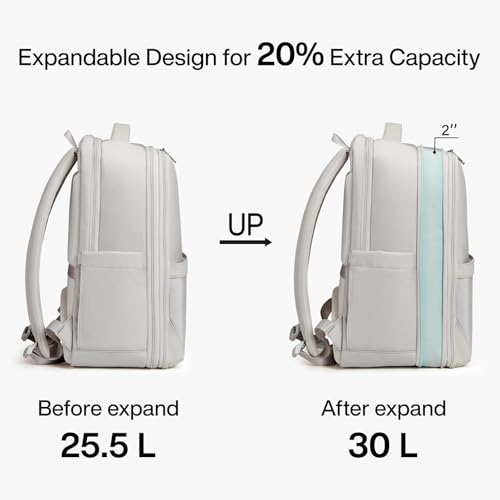 Hanke Expandable Travel Backpack 17 Inch, Full-Open Laptop Backpack Fits 15.6 Inch, Carry On Personal Item Bag with Luggage Strap, Business Work Backpack for Women Men, Greyish White2