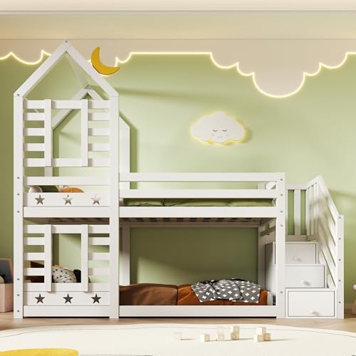 LAKFEW Litera Infantil 90x200 cm con Escalera de Almacenaje y Diseño de Techo, Litera para 2 Niños, Cama Infantil con Protección Anticaída y Ventana, 2 Somieres de Láminas, Blanco, Sin Colchon