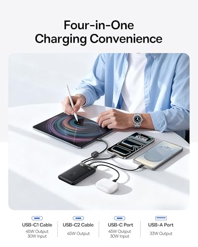 Image of Baseus 45W Ultra Slim 10000mAh Power Bank Built-in USB-C Cables, CCC Certified Portable Charger, Travel Essential Fast Charging Pocket Size Phone Battery Pack for iPhone 17 16 Samsung S25 S24 iPad