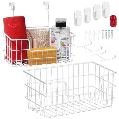 JUNCHU CHERRY Wire Storage Basket 2 Packs, Wall Mounted Kitchen Bathroom, Hanging Cabinet Door Storage Basket, no Drilling, Supporting 2 Types of Hooks, Strong Bearing, Suitable for Home, White