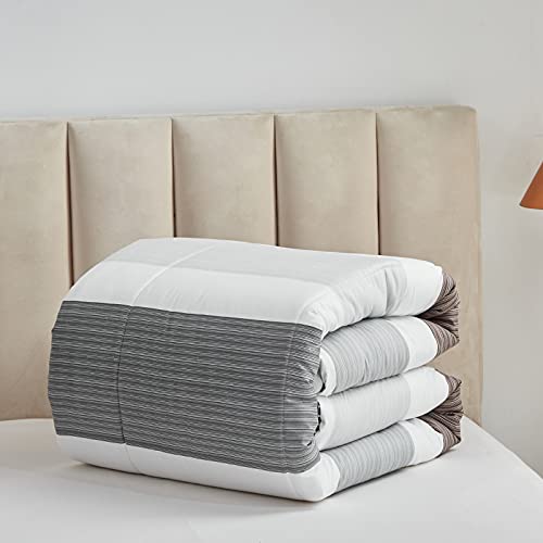 Joyreap 3Pcs Premium Cotton Comforter Set, Gray Stripes Printed On White, Fluffy Cozy Bedding Comforter For All Season (Full/Queen, 88X 88 Inches) #TOP4