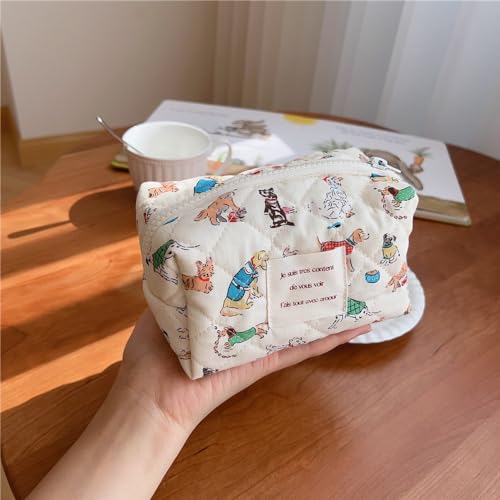 uekeboag Cute Small Quilted Cotton Makeup Pouch for Women and girls,Coquette Quilted Toiletry Bag,Animal Coquette Mini Bag, Kawaii Travel Cosmetic Bags(05Puppy)3