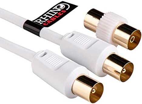 rhinocables Aerial Coaxial Cable with Gold-Plated Connectors, Male to Male RF Coax Lead with Female Adapter Coupler for Freeview, Freesat, Sky, Virgin, BT, You View, Satellite TV, White (1.8m)