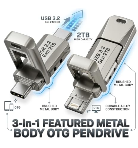Image of 3-in-1 USB 3.2 Flash Drive 2TB, High-Speed Metal OTG Memory Stick Compatible with iPhone, Android & PC, with Type-C and Lightning Connectors