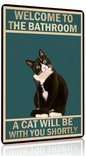 Funnysign Cat Lovers Gifts Welcome To The Bathroom A Cat Will Be with You Tin Sign for Bathroom Toilet Decor 8 X 12 Inch (3839)