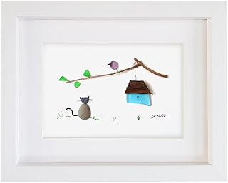 Cat Watching Bird - Unique Pebble Art & Sea Glass Picture - Framed, Unique, Handmade