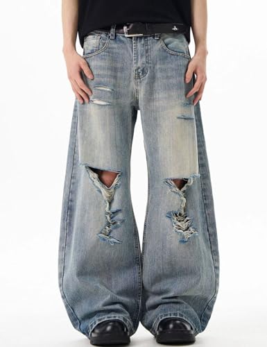 Men Y2k Baggy Ripped Jeans Wide Leg Fashion Distressed Jeans Hip Hop Grunge Pants Harajuku Streetwear4