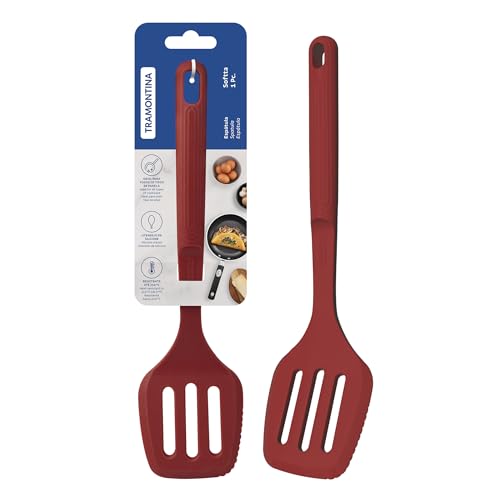 Image of Tramontina Softta Slotted Spatula - Red Silicone Turner for Cooking, Frying & Flipping - Heat Resistant up to 210C, Safe for Nonstick & Ceramic Cookware
