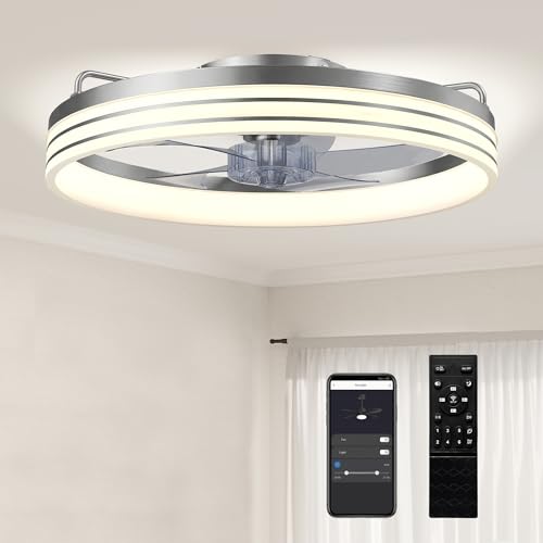 Image of HOMCOM Ceiling Fans with Lights and Remote & App Control, 50 cm Modern LED Ceiling Fan Light with 3 Colour Temperatures, 6 Speed, Timer, Dimmable, Quiet Reversible DC Motor, for Bedroom, Silver Tone