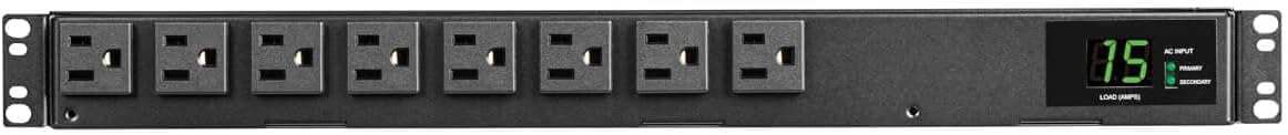 Tripp Lite Metered PDU, Auto-Transfer Switch (ATS), 15A, 120V, 1.44kW, Single-Phase - 8 Outlets (5-15R), Dual 12ft 5-15P Input Cords - 1U Rackmount, TAA Compliant, 2 Year Warranty (PDUMH15ATS)