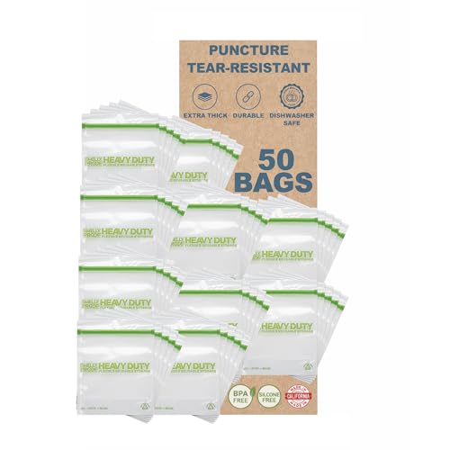 50pcs BULK DEAL, Reusable Extra HEAVY DUTY Bags Thick 5mil Reclosable Bags, BPA-Free, Washable Dishwasher-Safe, Made in USA Resealable Thick, FLAT Large Quart 10" x 8.5" - 50 pcs